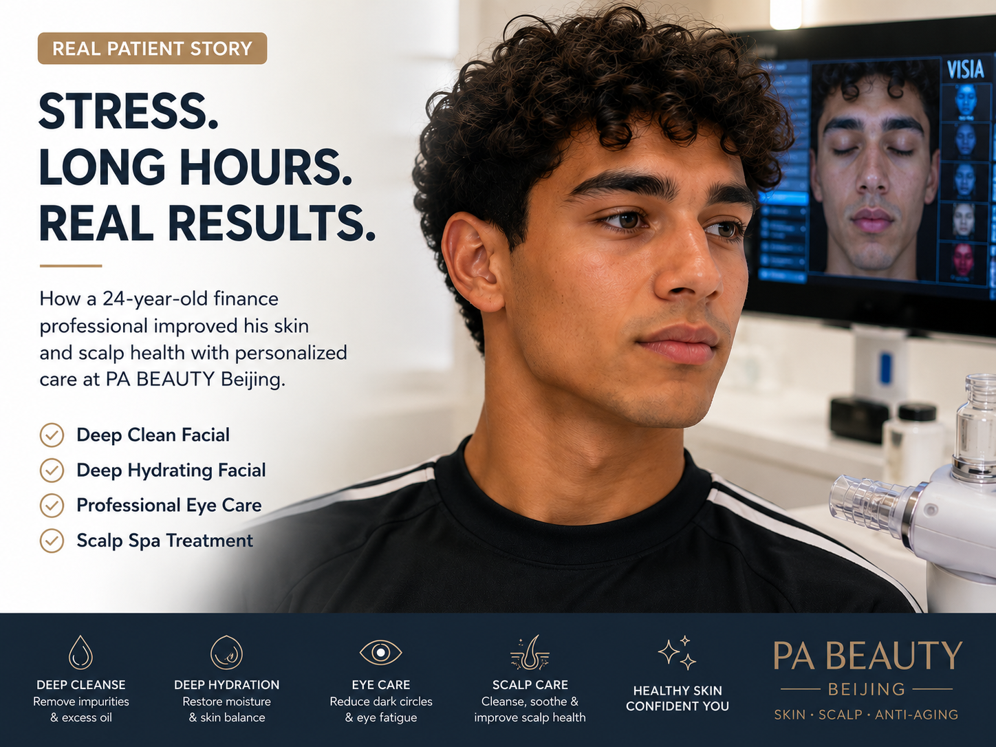 Real patient story of a 24-year-old finance professional improving his skin and scalp health with personalized skincare treatments at PA BEAUTY Beijing